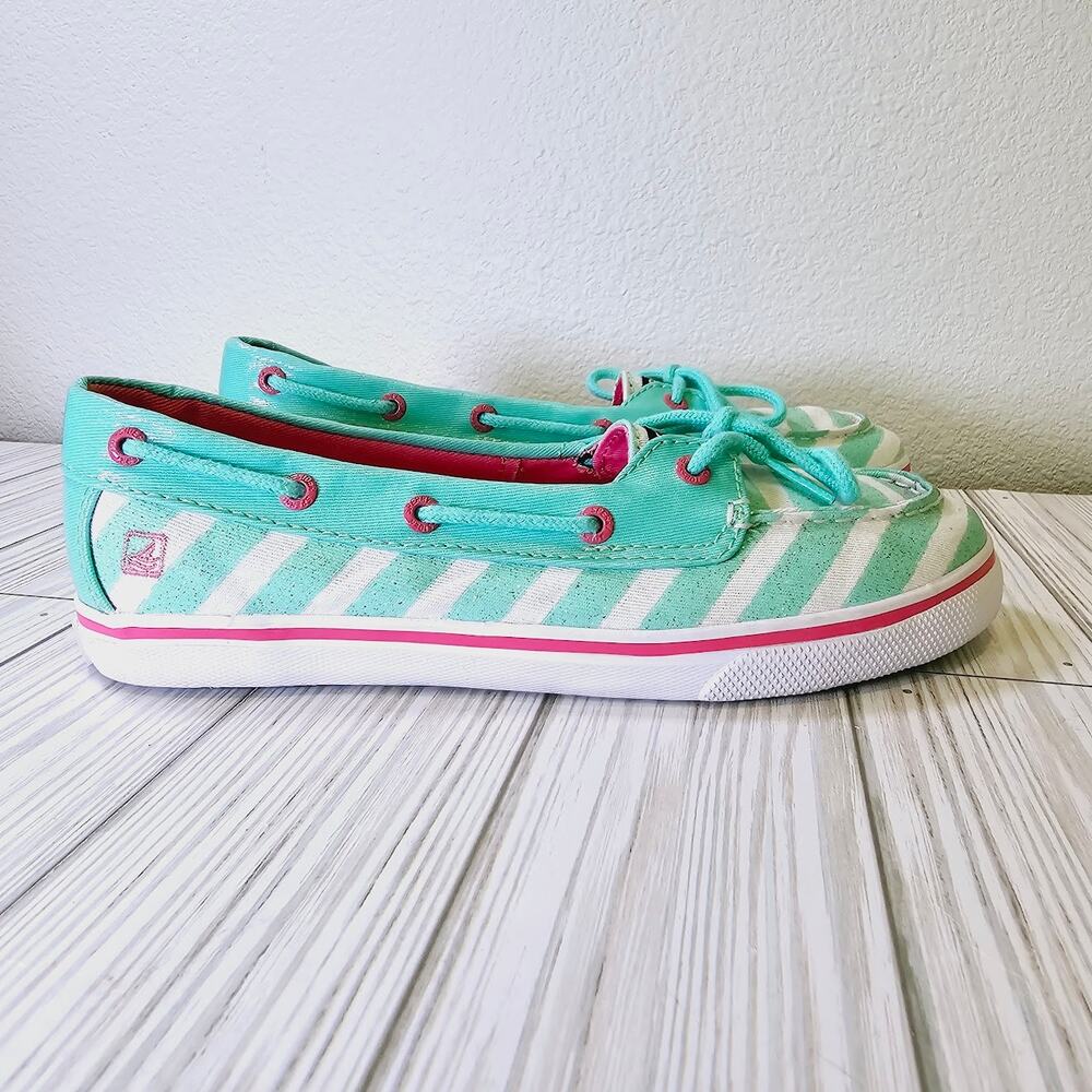 Sperry Top Sider Biscayne- Girls Size 4.5M- Glitter Mint Pink Striped Boat Shoes